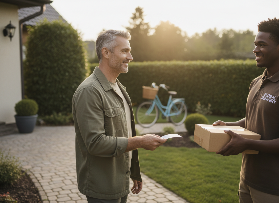 Homme accueillant un livreur devant sa maison avec sourire
