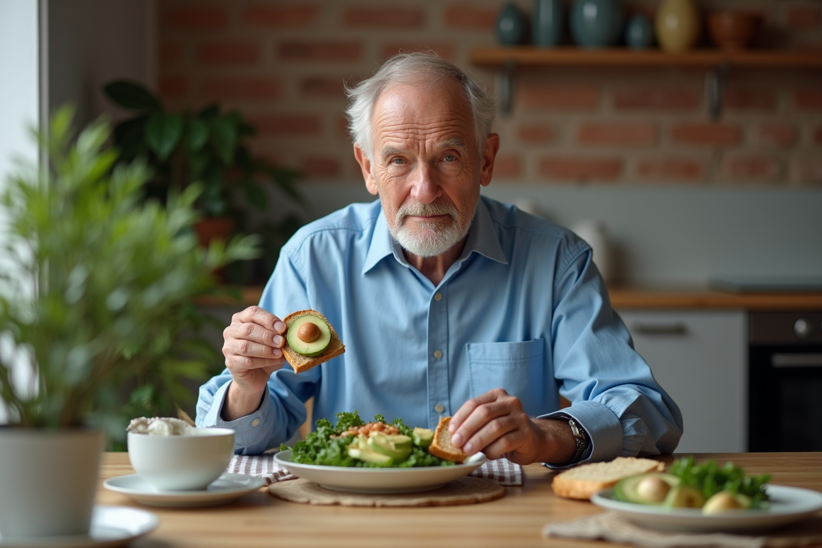 Homme âgé dégustant du pain keto avec avocat au petit déjeuner