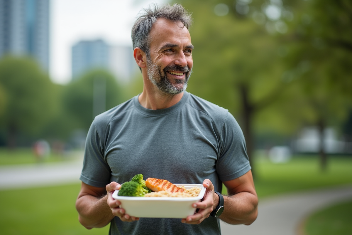 Homme dégustant un repas sain en plein air dans un parc