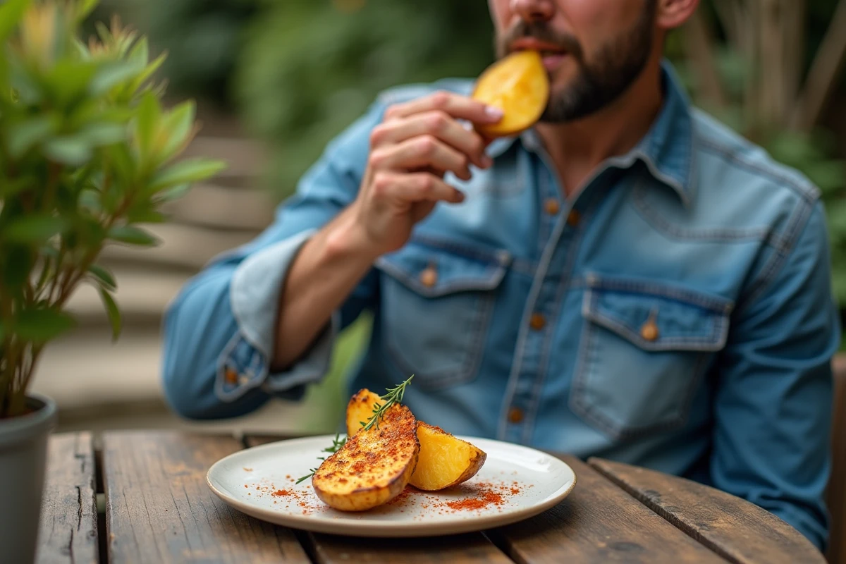 Homme dégustant une pomme de terre rôtie au paprika en extérieur