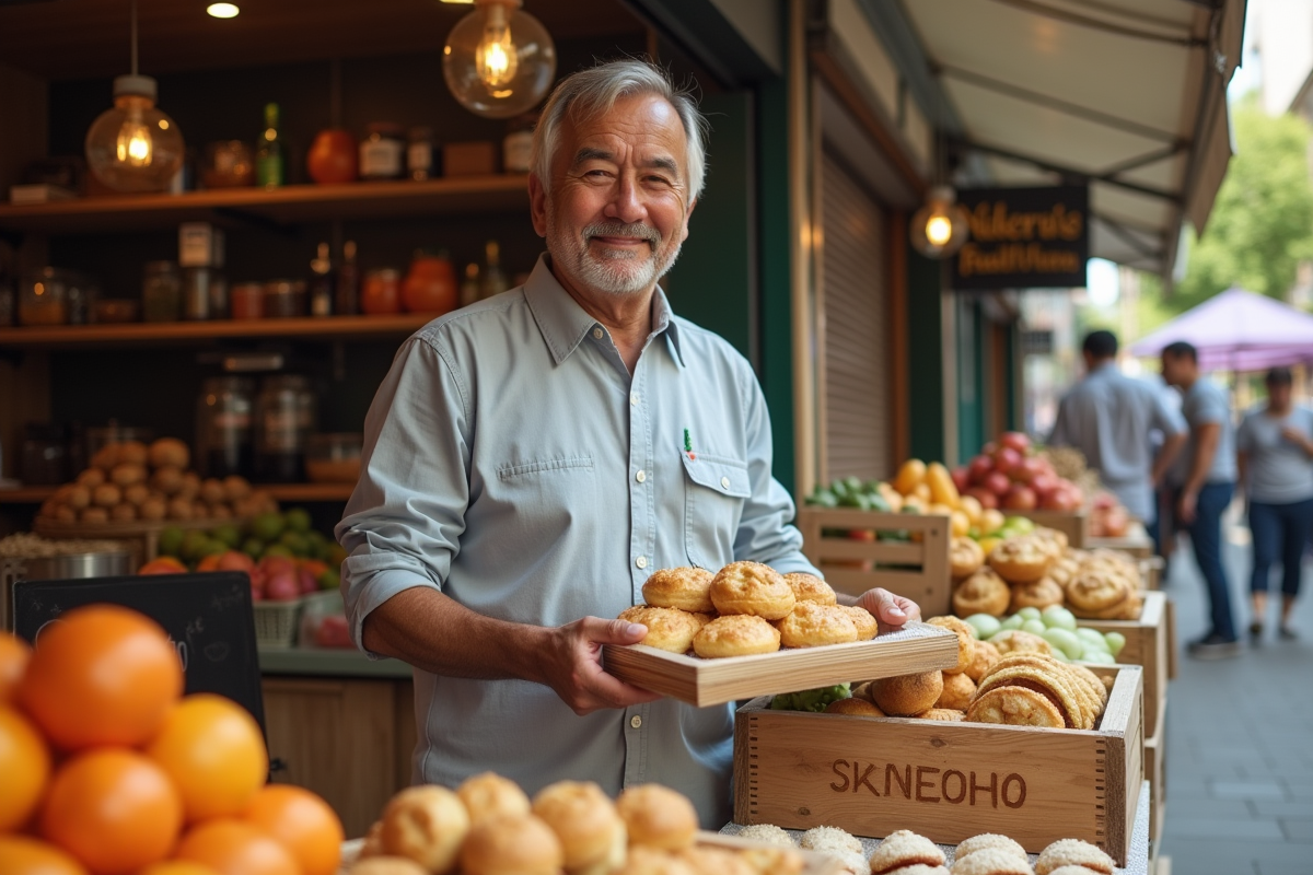 Homme sélectionnant des pâtisseries saines dans un marché en plein air