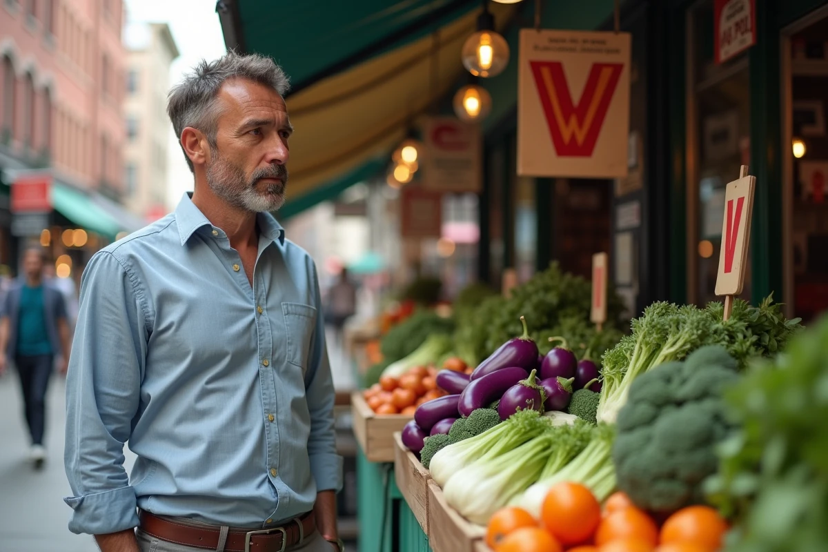 Homme au marché urbain examinant légumes V