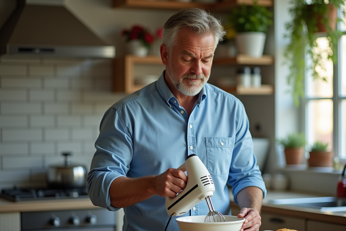 Homme moyen âge utilise batteur électrique en cuisine
