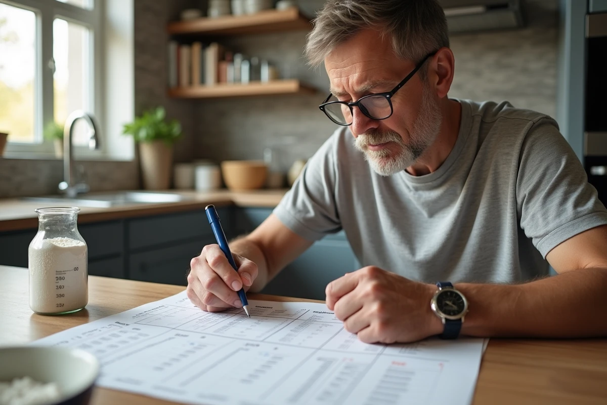 Homme note des conversions avec des contenants de farine dans la cuisine