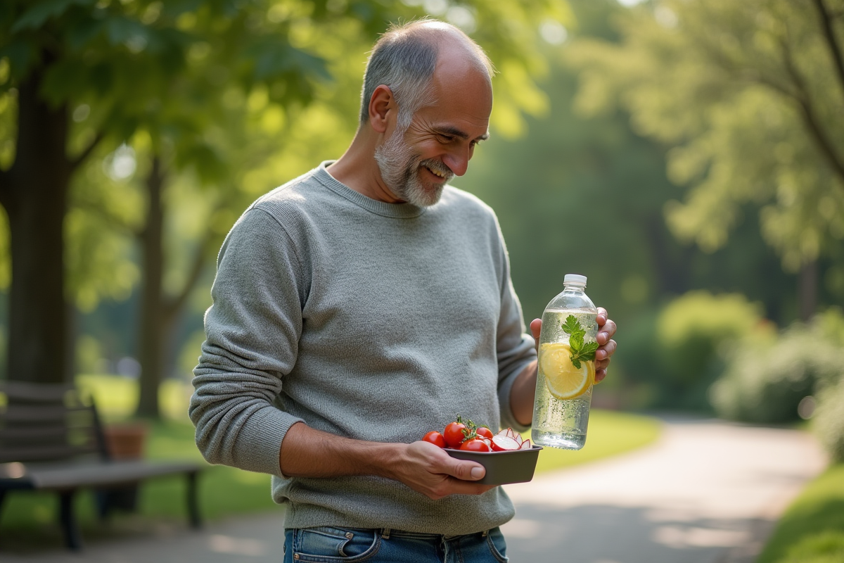 Homme dans un parc avec un infuseur à citron et radis
