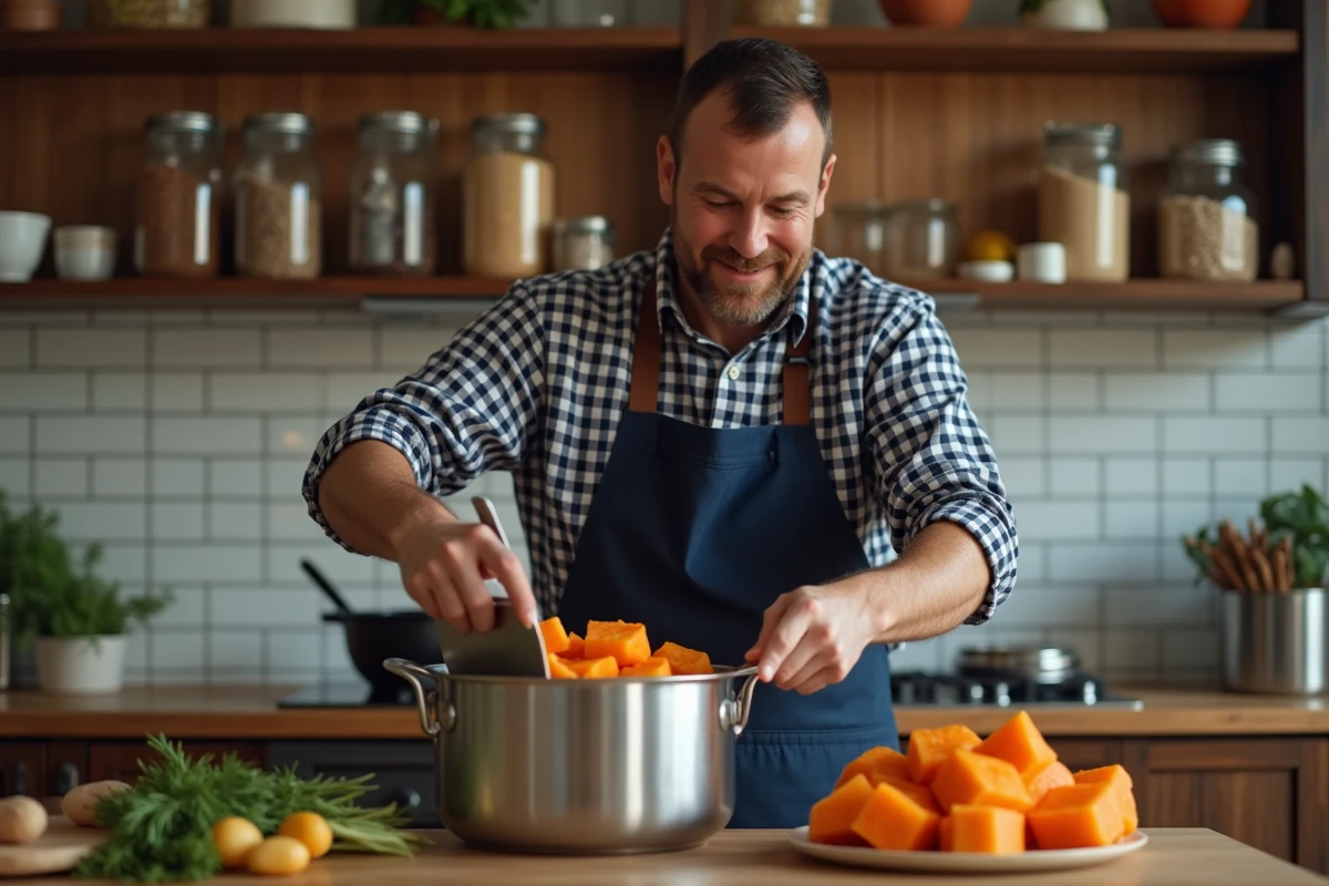Homme versant des patates douces cuites dans une passoire