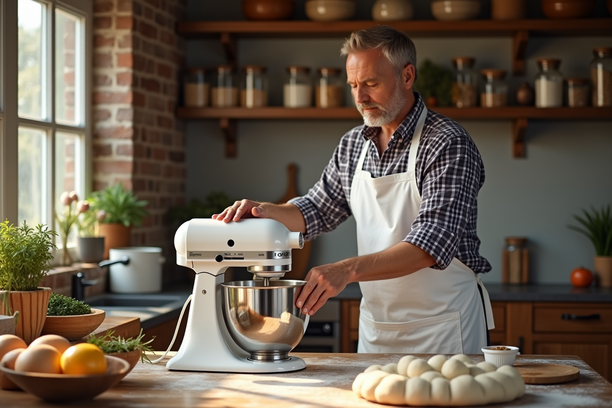Homme en tablier préparant une pâte dans une cuisine rustique