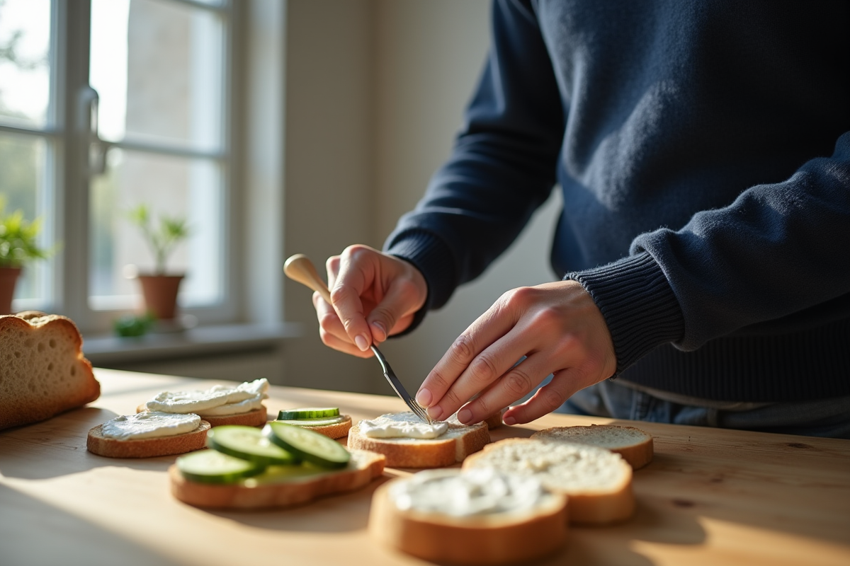 Homme en pull marine préparant un petit déjeuner avec cottage