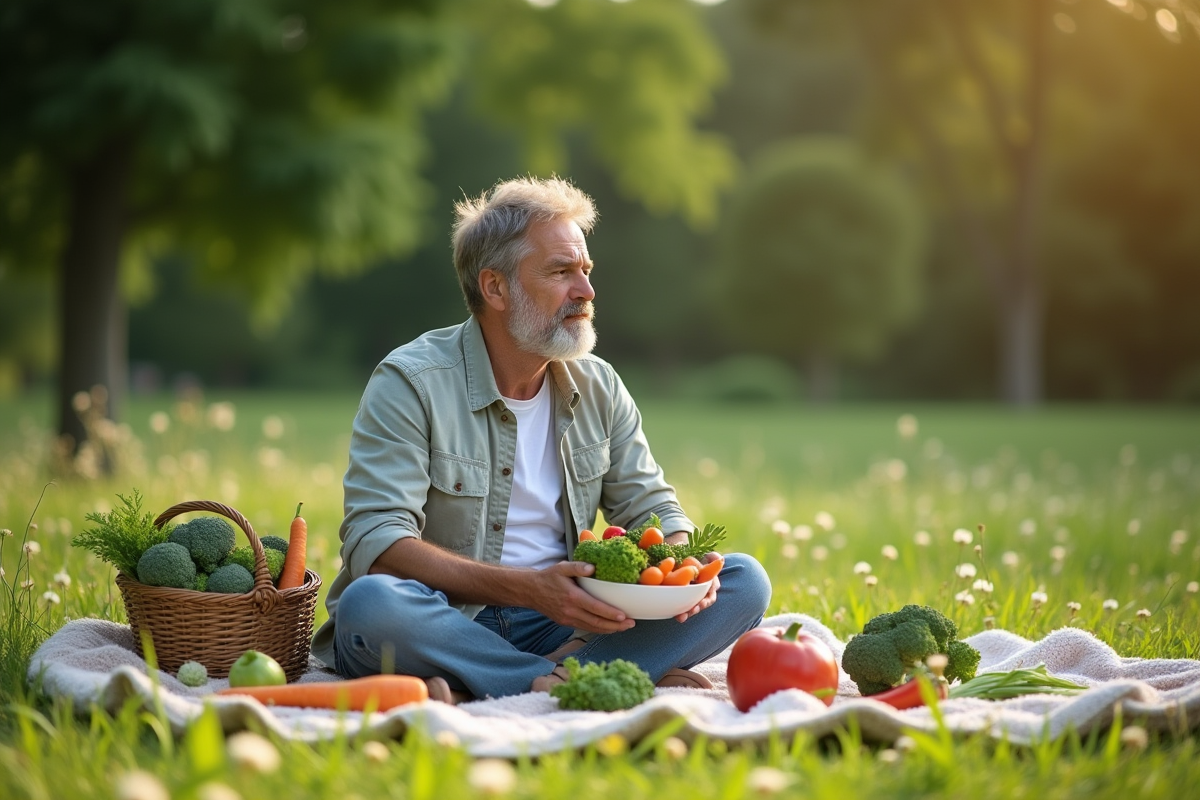 Homme en plein air dégustant des légumes detox au parc