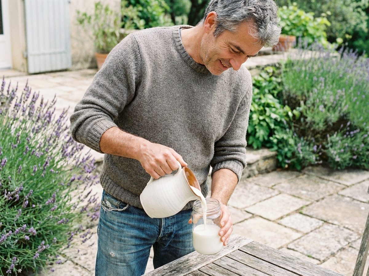 Homme versant du kefir dans un verre dans le jardin