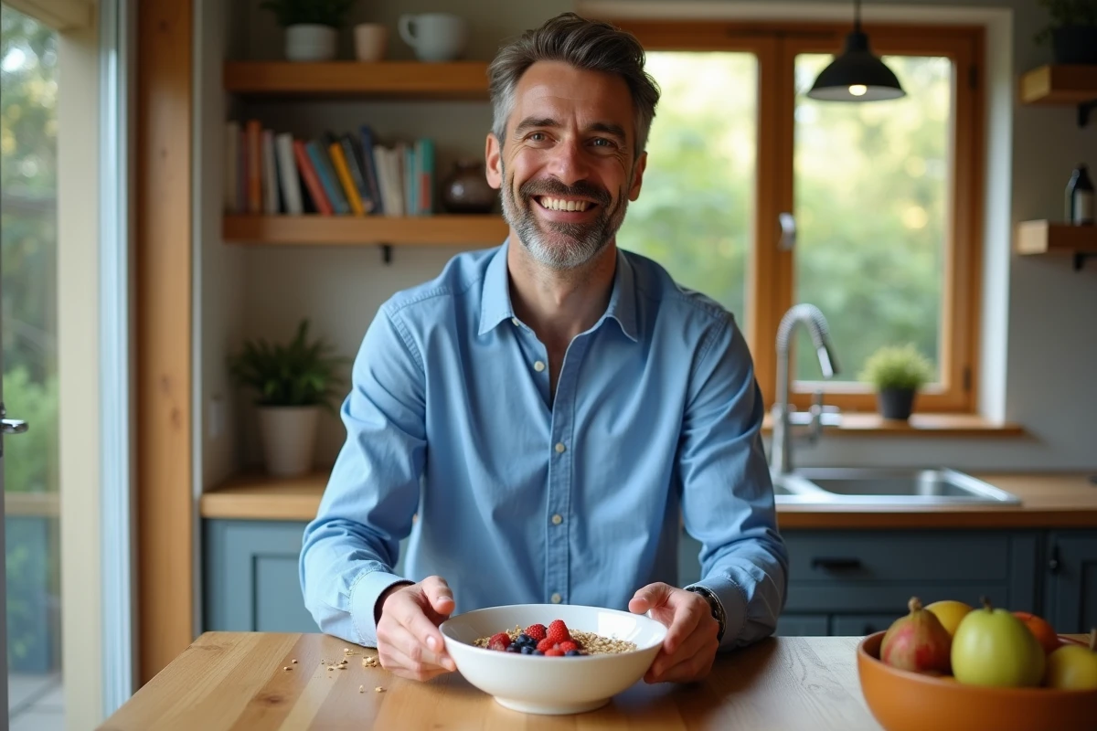 Homme préparant un bol de porridge dans la cuisine