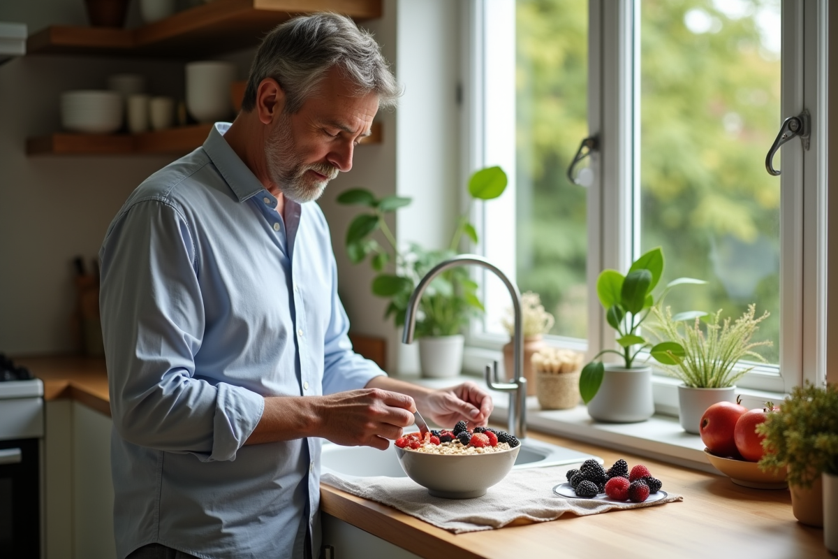 Homme préparant un bol de porridge aux fruits dans la cuisine