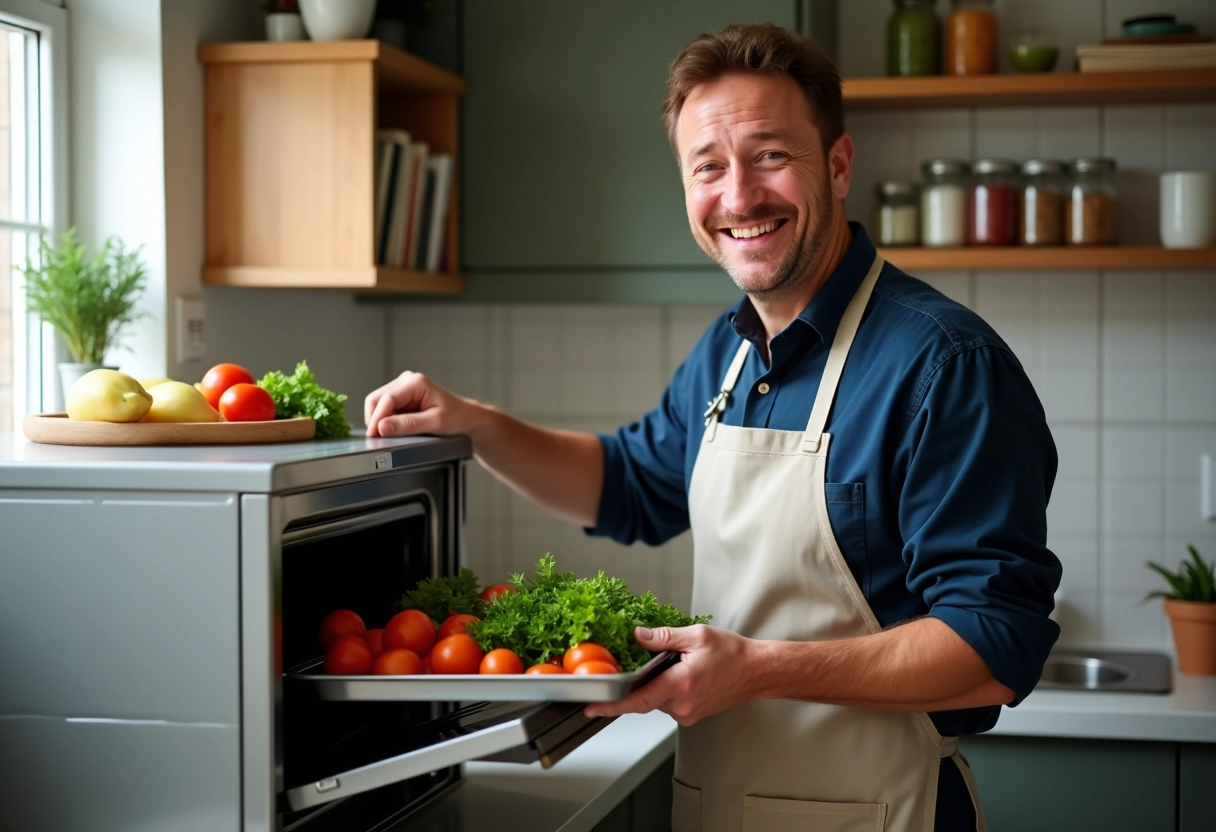 Homme cuisine prépare légumes dans un four vapeur