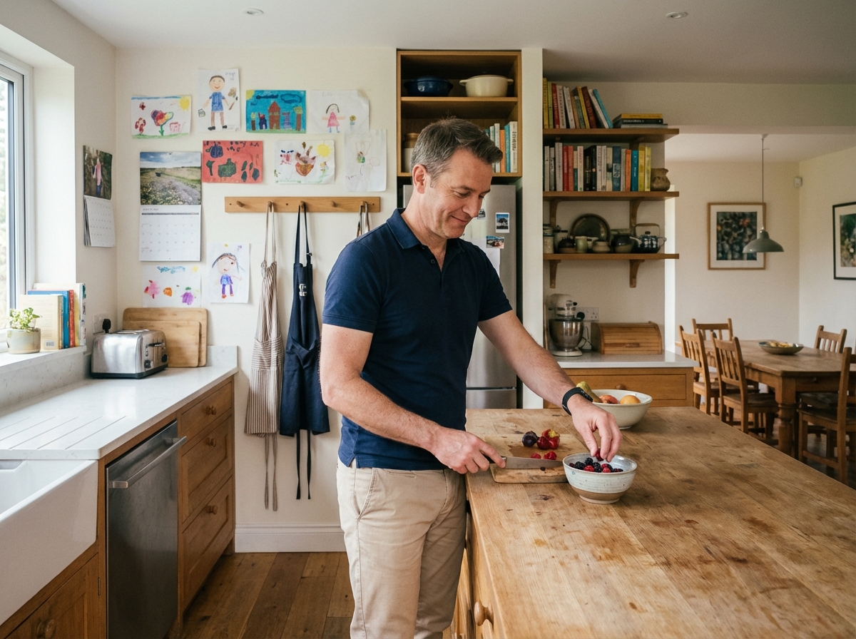 Homme prépare le petit déjeuner dans une cuisine familiale