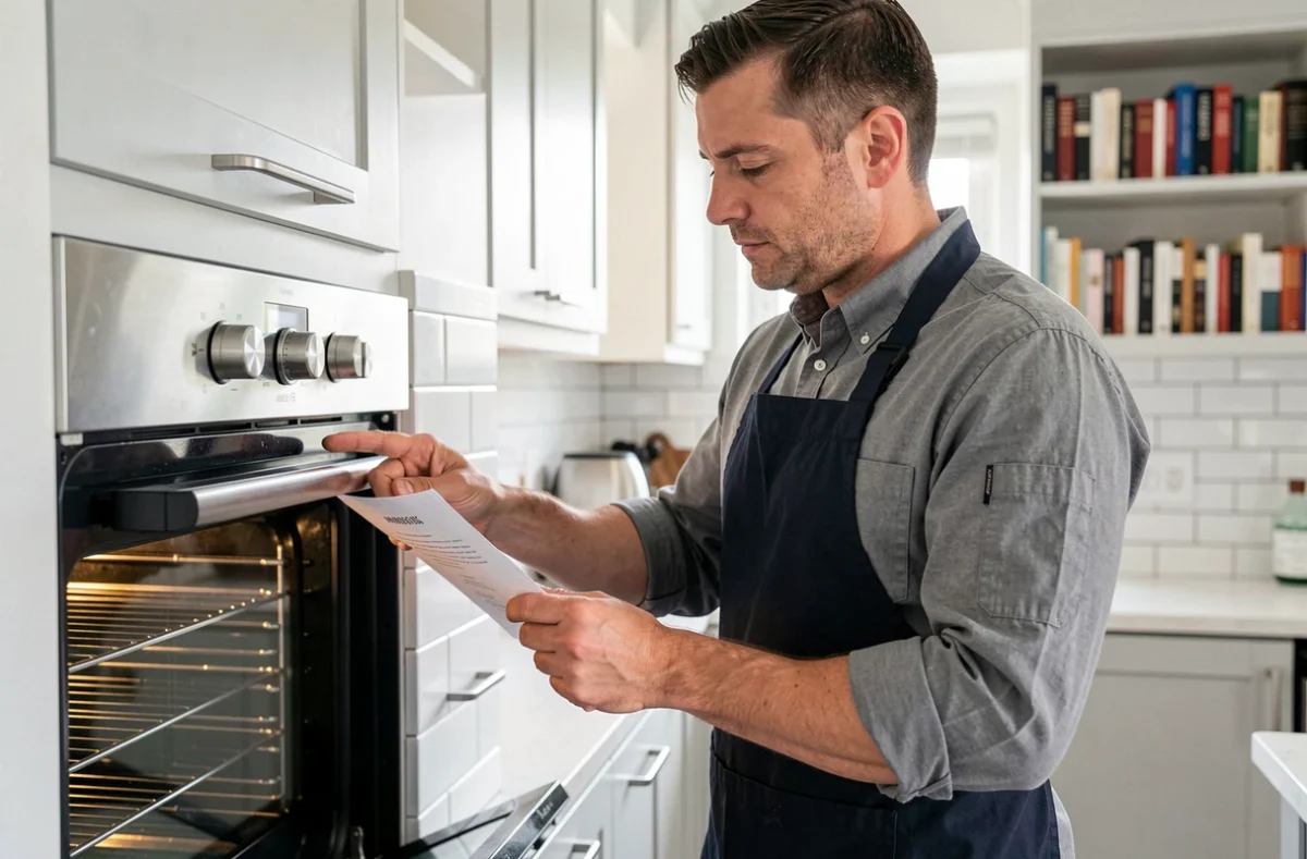 Homme réglant le mode chaleur tournante d'un four combiné en consultant une recette dans une cuisine moderne