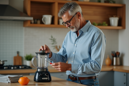 Homme d'âge moyen examine un blender démonté dans une cuisine moderne