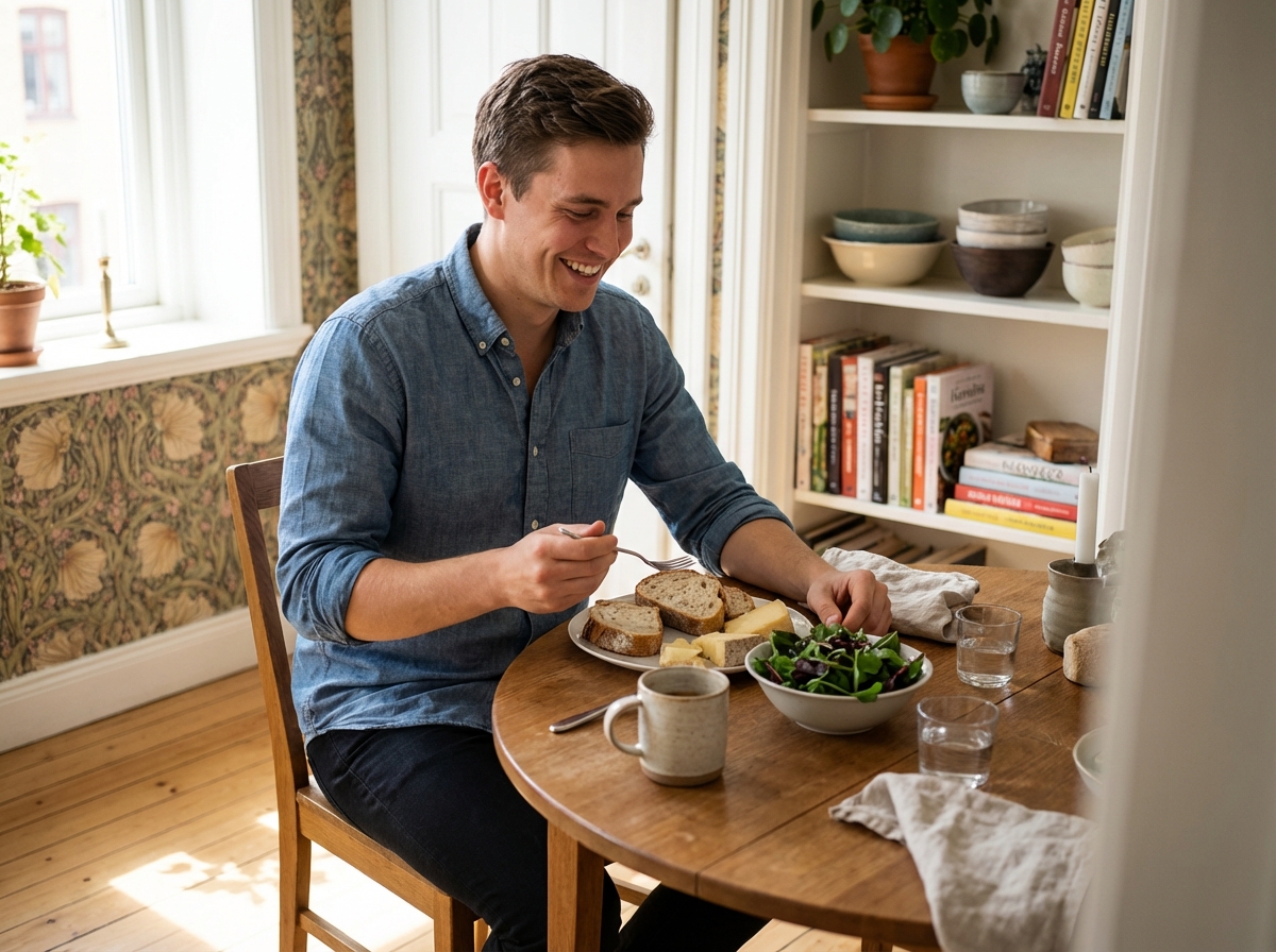 Homme souriant dégustant un repas dans un salon cosy