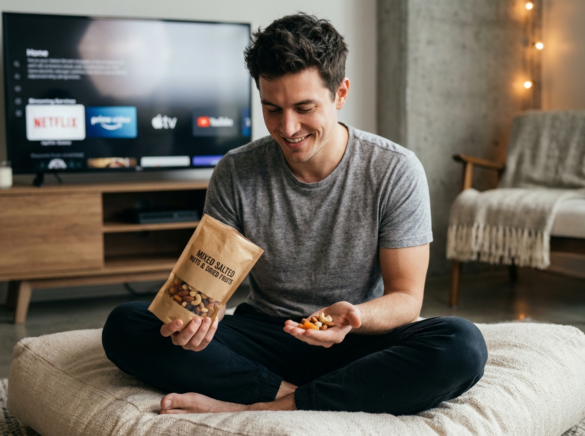 Homme tenant un sachet de fruits secs salés dans les mains assis par terre devant la télévision