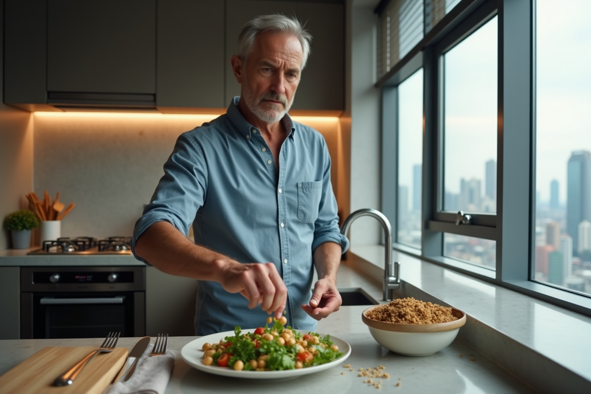 Homme en chemise préparant une salade végétale dans un appartement moderne
