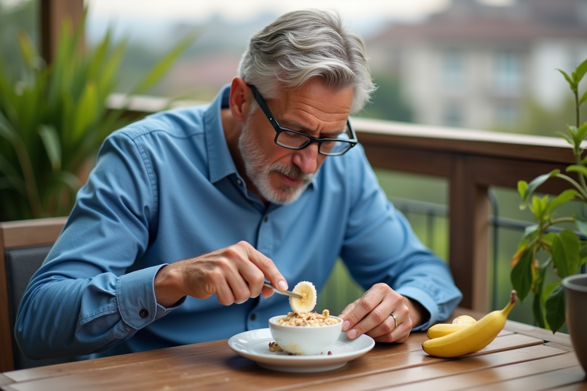Homme en chemise bleue coupe une banane sur son petit déjeuner