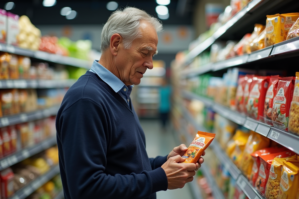 Homme âgé examinant une étiquette nutritionnelle en supermarché