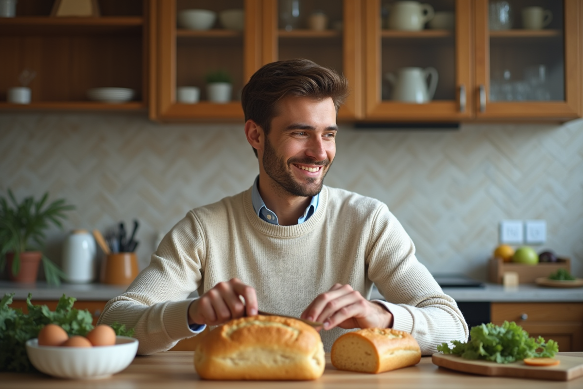 Jeune homme tranchant un pain keto dans sa cuisine
