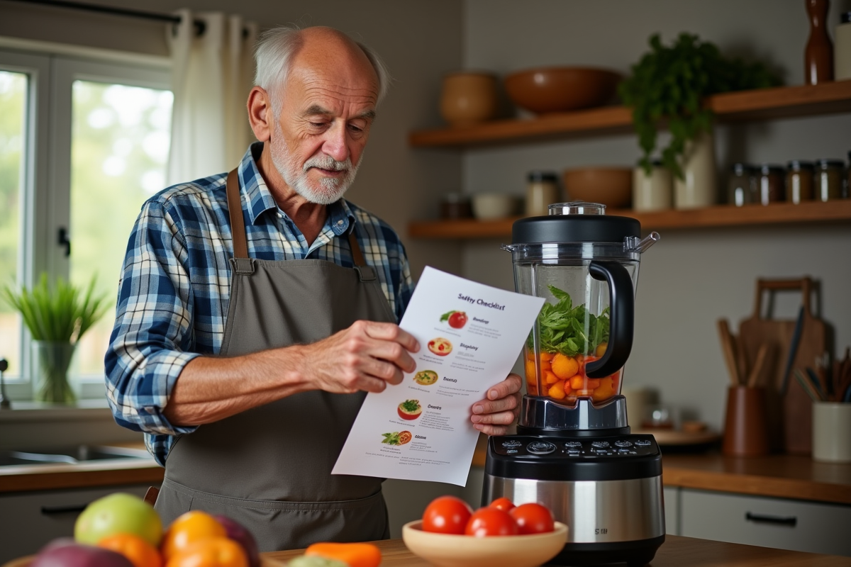 Homme lisant checklist sécurité avant soupe au blender