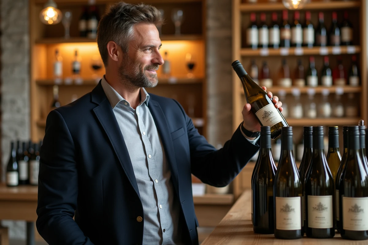 Homme en blazer dans cave à vin examinant une bouteille de sauvignon blanc