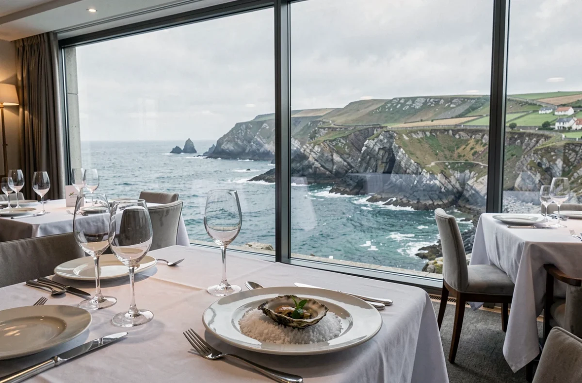 Vue intérieure du restaurant gastronomique de l'Hostellerie de la Pointe Saint-Mathieu à Plougonvelin avec panorama sur la mer