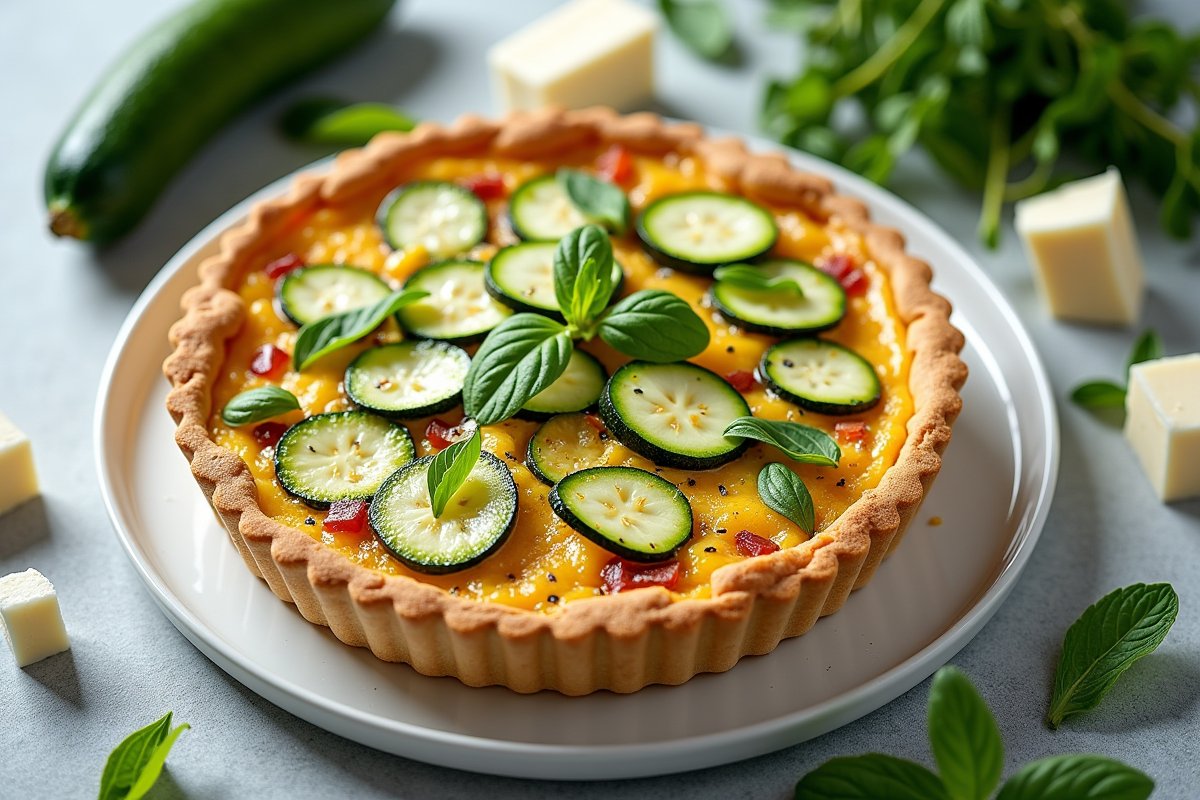 Ingrédients pour tarte courgette et chèvre sur assiette blanche