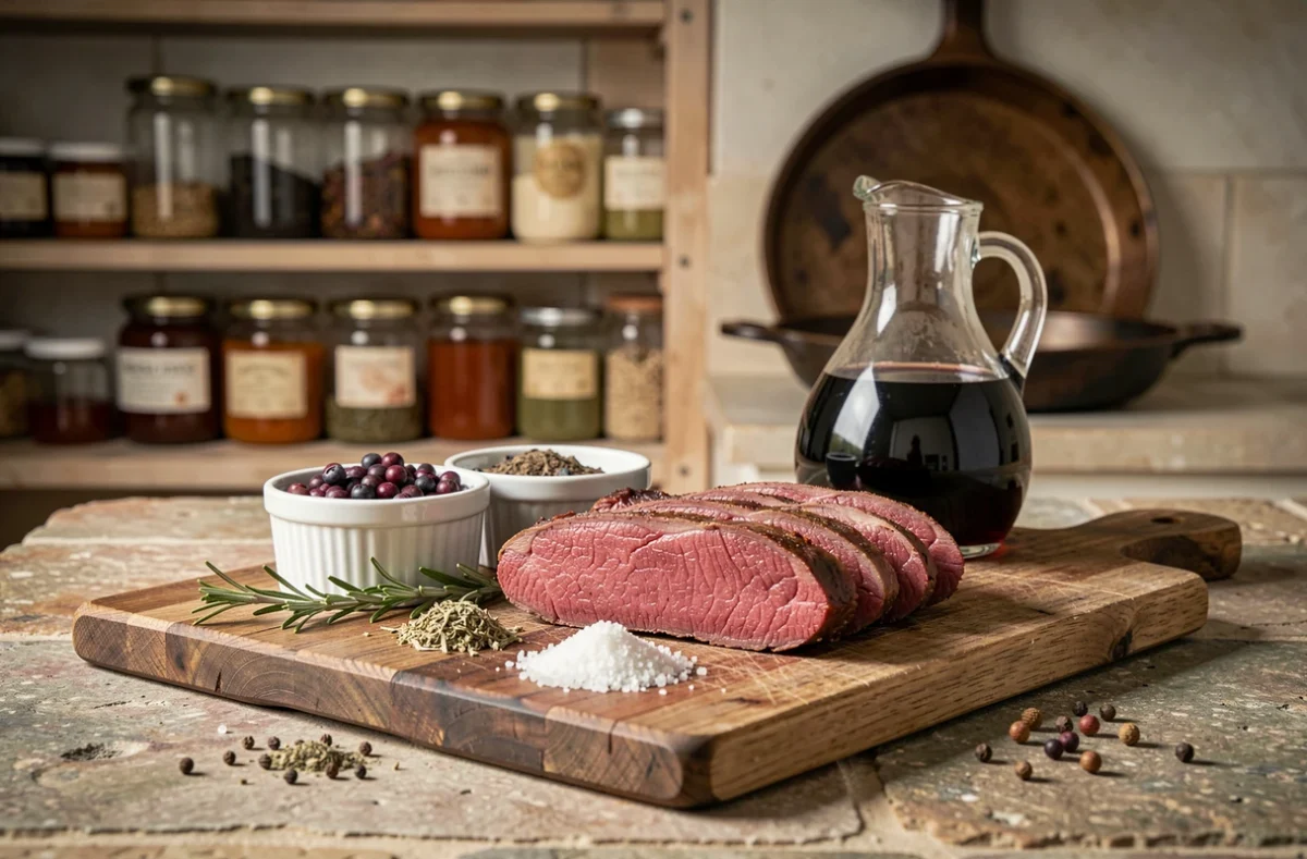 Planche en bois avec des tranches de chevreuil cru et des épices pour marinade traditionnelle incluant baies de genièvre et romarin