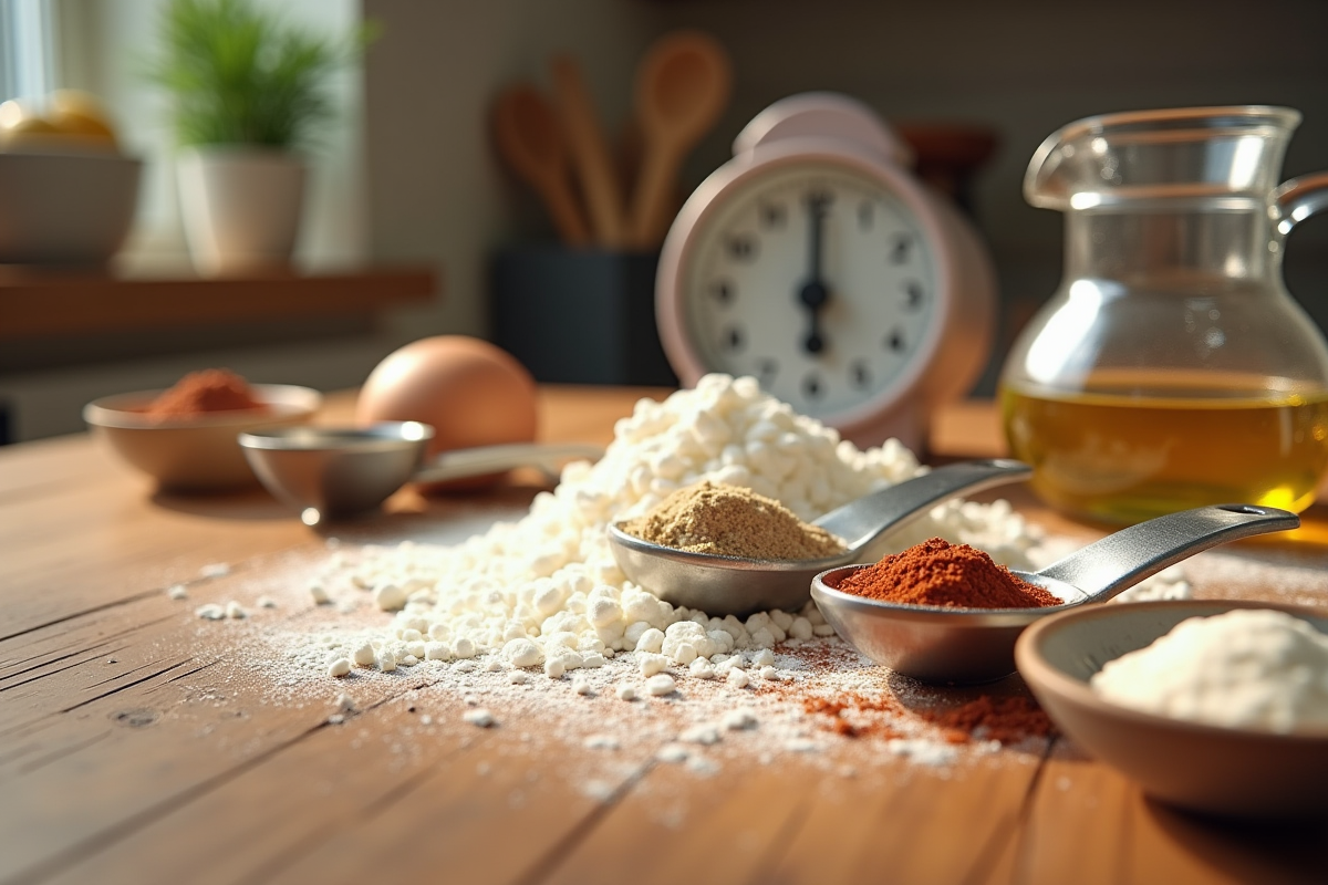 Ingrédients mesurés avec cuillères dans cuisine chaleureuse