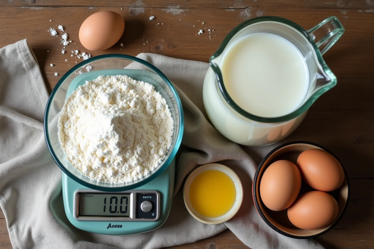 Vue aérienne des ingrédients pour pâte à crêpes : 500g de farine, 1 litre de lait, œufs et beurre fondu disposés sur une table en bois rustique