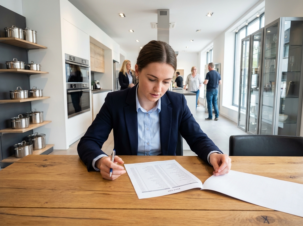 Jeune entrepreneure examine une liste de prix d