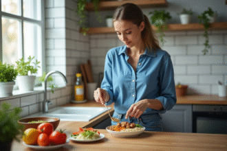 Jeune femme en cuisine préparant un repas coloré avec poulet et légumes