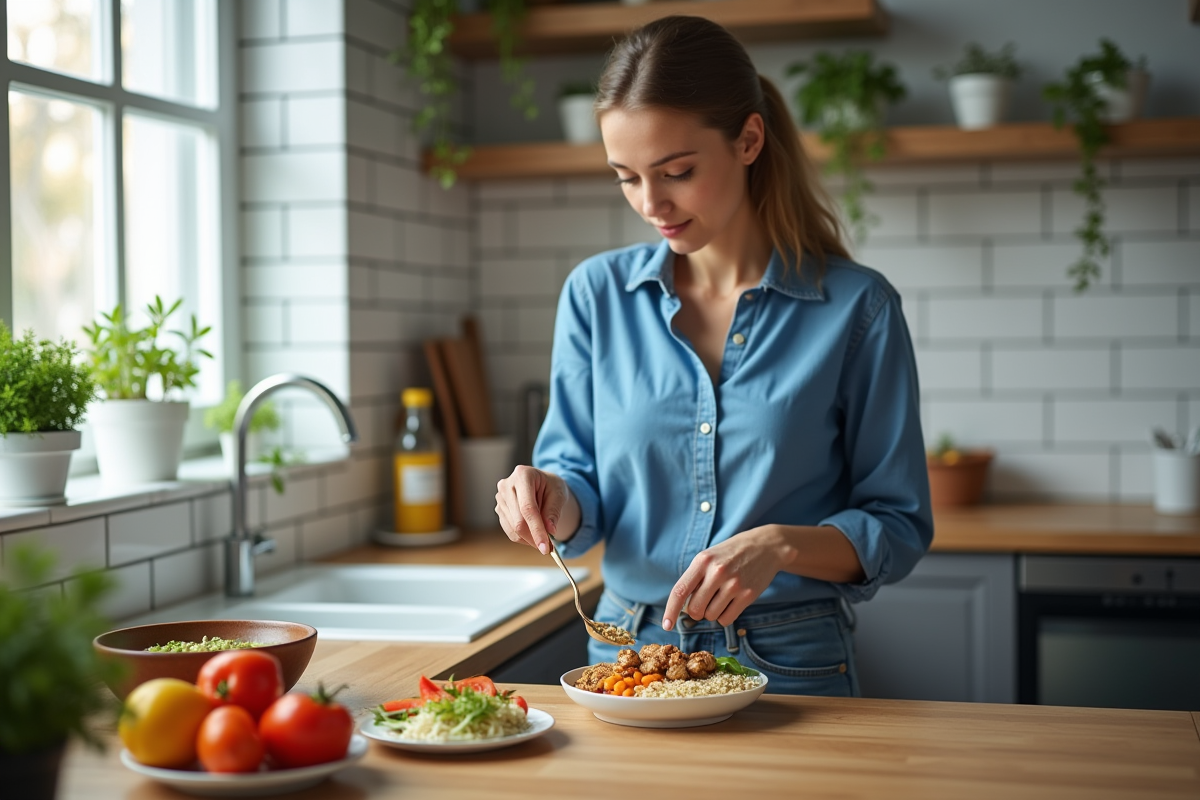 Jeune femme en cuisine préparant un repas coloré avec poulet et légumes
