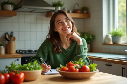 Jeune femme souriante dans la cuisine avec légumes V