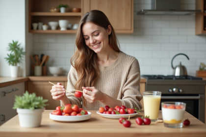 Jeune femme préparant des desserts faibles en calories à la maison