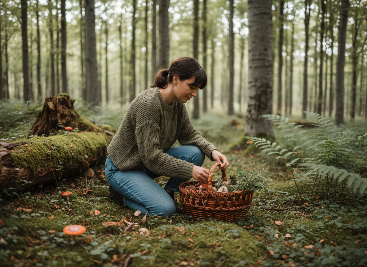Jeune femme cueillant champignons dans la forêt