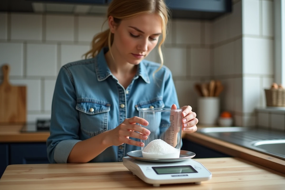 Jeune femme en cuisine mesure du sucre avec une balance digitale