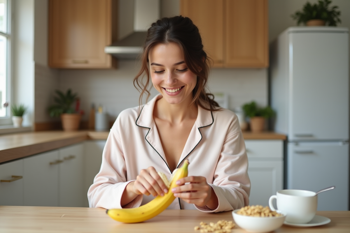 Jeune femme souriante peelant une banane dans la cuisine