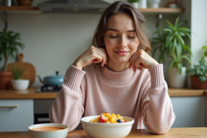 Jeune femme souriante dégustant une salade de fruits dans une cuisine moderne