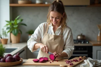 Jeune femme tranchant une betterave dans une cuisine moderne