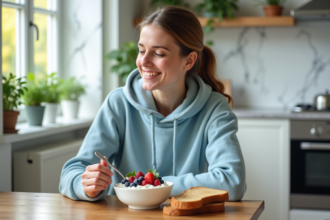 Jeune femme en hoodie bleu dégustant un yogourt aux fruits