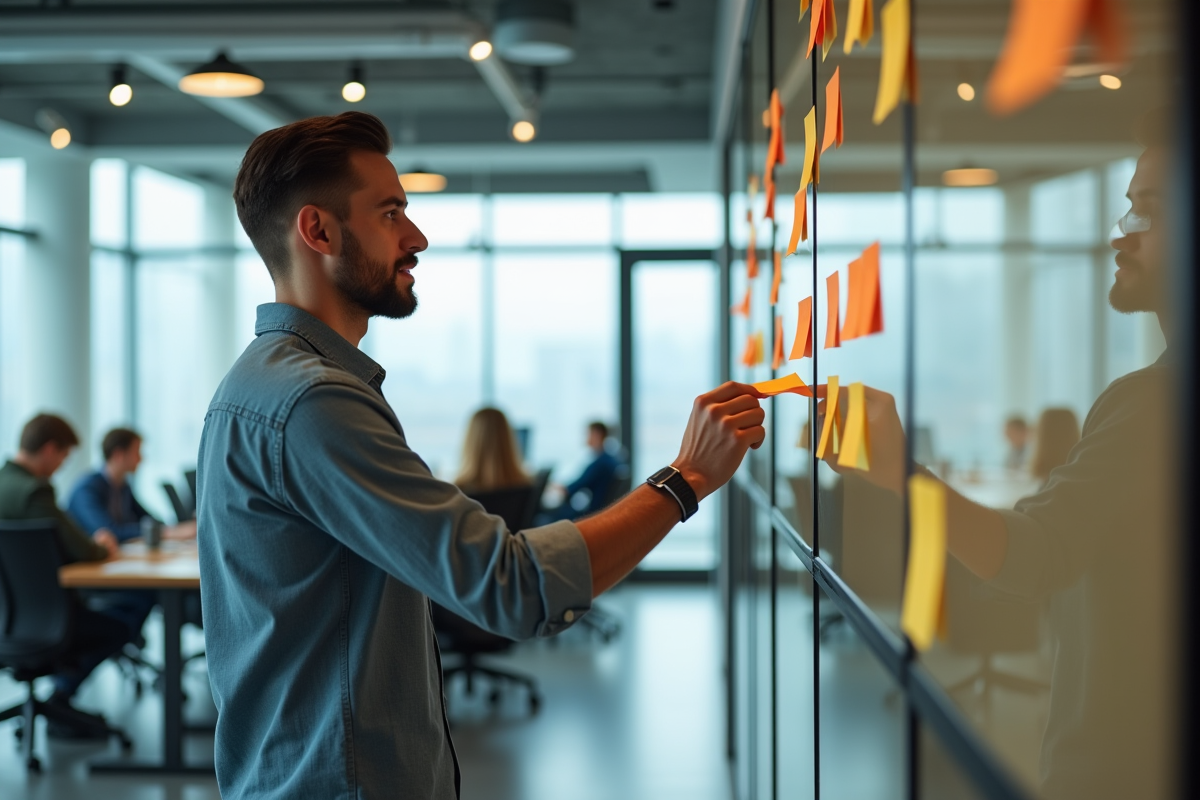 Jeune homme arrangeant des notes dans un espace de travail moderne