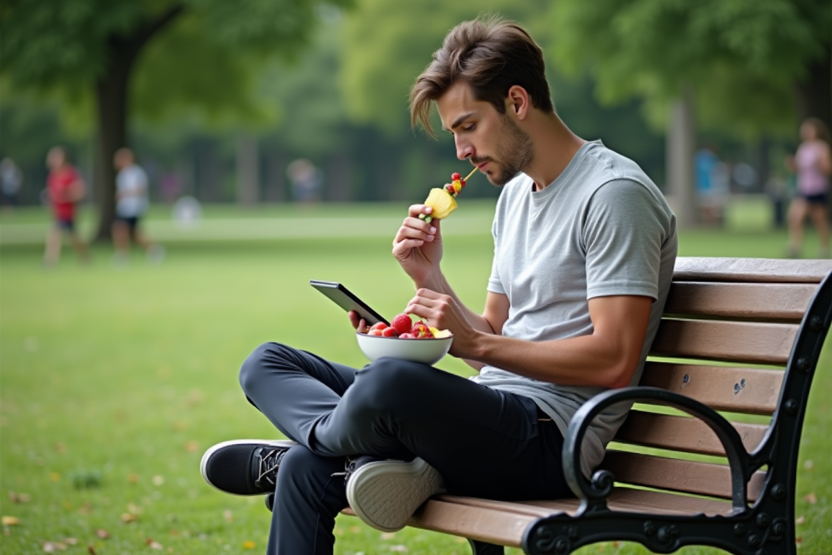 Jeune homme mangeant des fruits dans un parc verdoyant