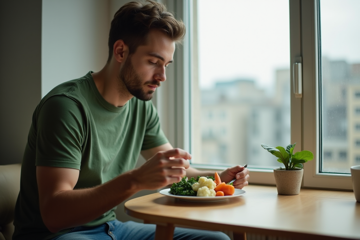 Jeune homme mangeant des légumes dans un appartement moderne