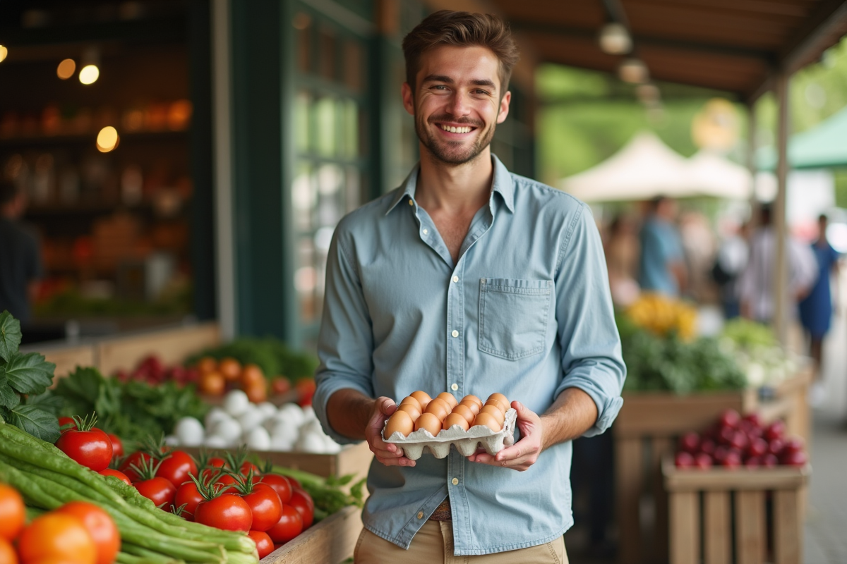 Jeune homme au marché avec un carton d