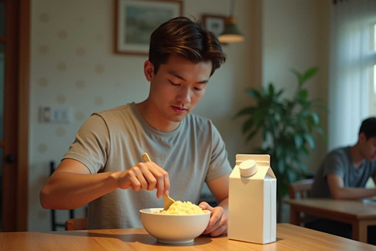 Jeune homme remuant de la purée dans un bol