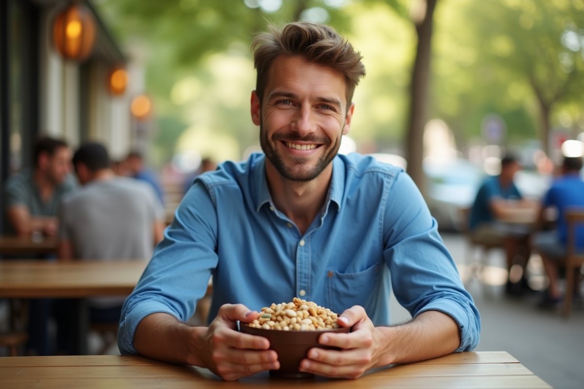 Jeune homme dégustant un bol de noix en terrasse ensoleillée